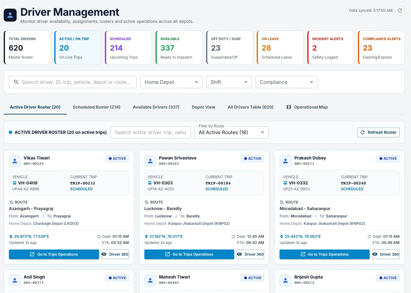 Ordova Driver Management with roster tiles for available, on leave, incident alerts and compliance alerts for expiring or expired certifications.