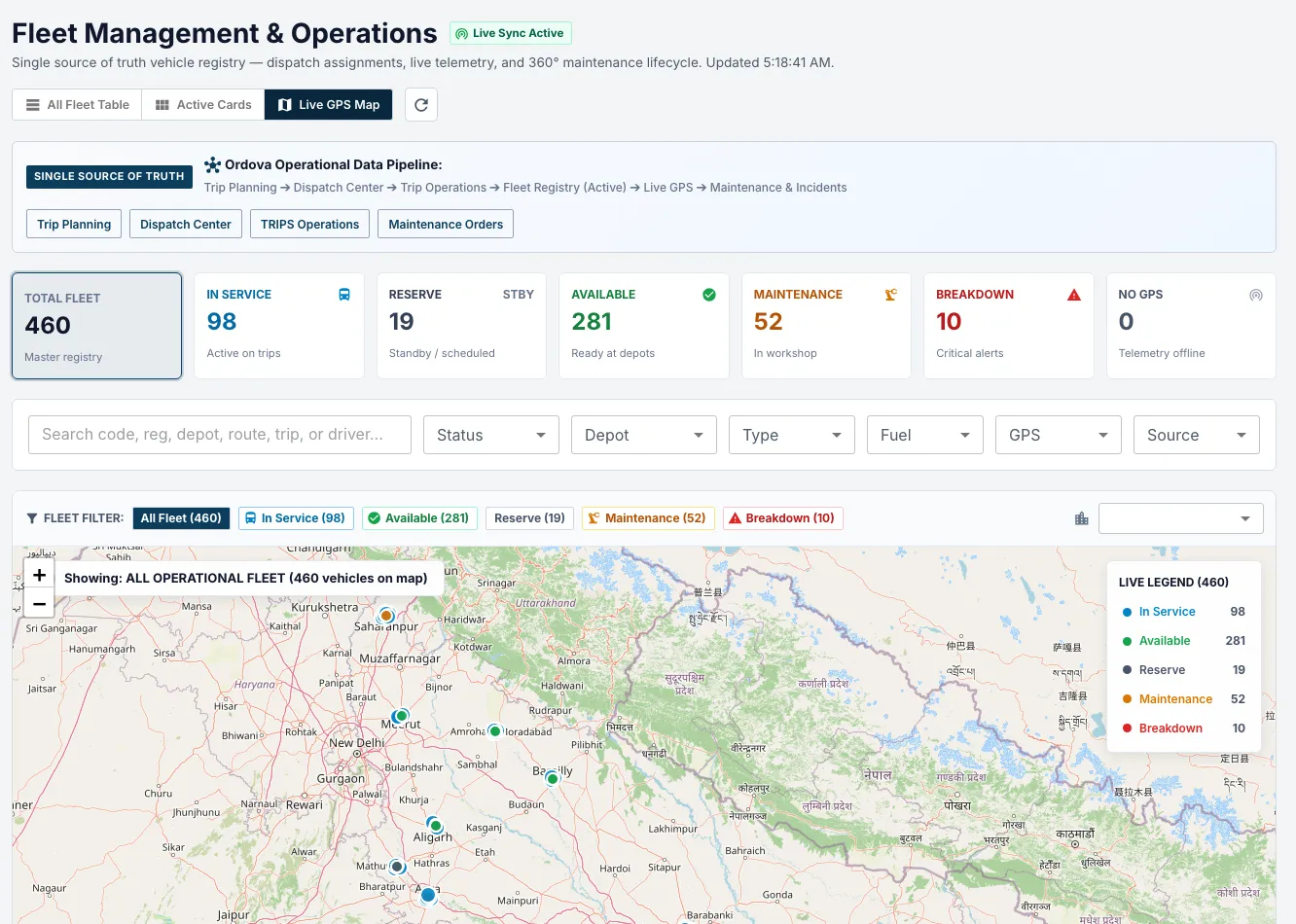 Ordova Fleet Management live GPS map plotting 460 vehicles with a legend for in service, available, reserve, maintenance and breakdown status.
