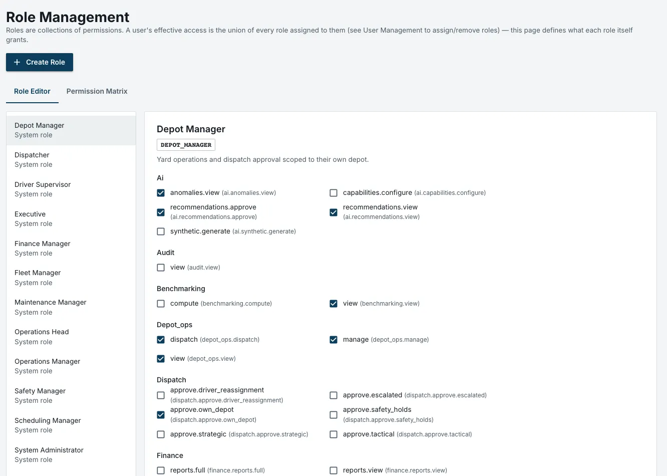 Ordova Role Management editor showing permissions grouped by module for the Depot Manager role.